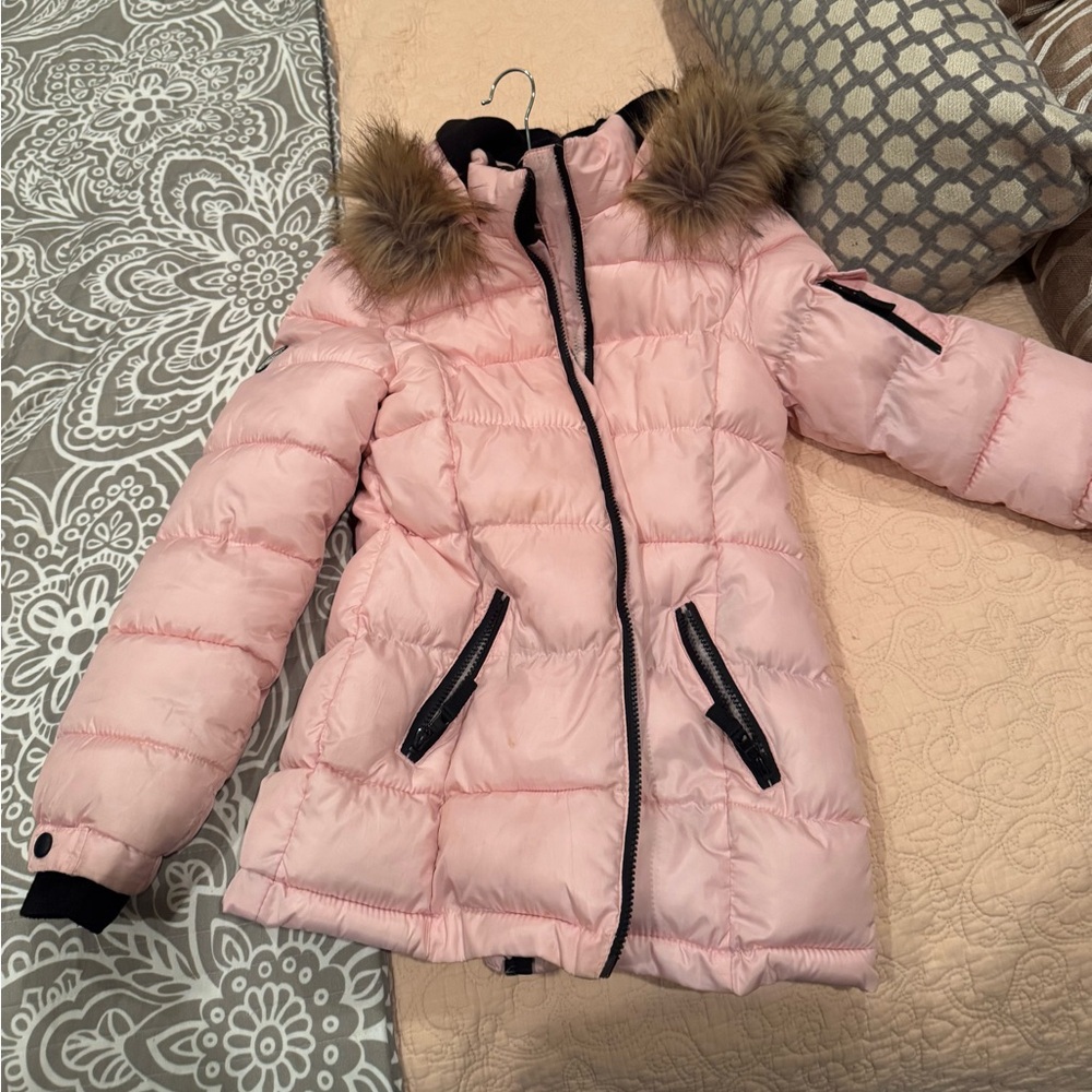 Pink Puffer Jacket with Faux Fur Hood